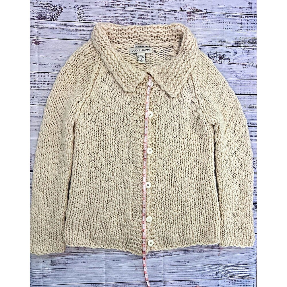A. Giannetti Vintage Ivory Chunky-Knit Wool Button Front Collared Cardigan M